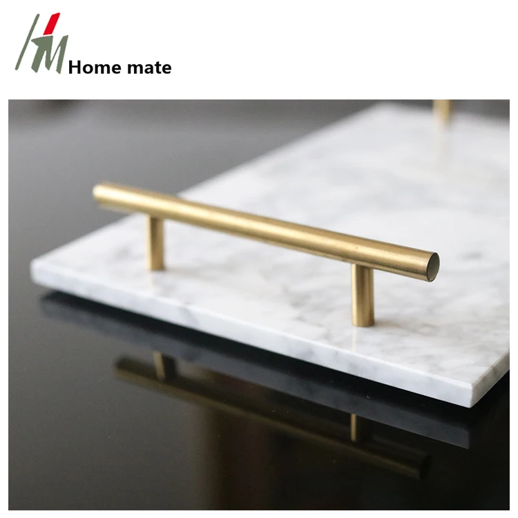 Hotel Decorations Home Luxury Rectangle Food Serving Marble Tray With Gold-Tone Handles