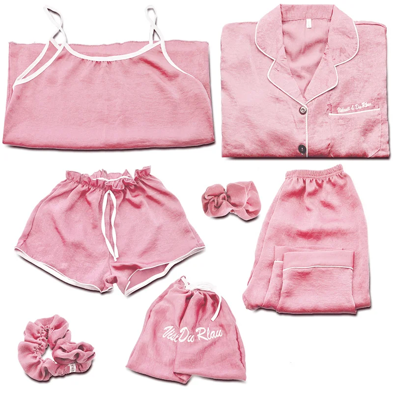 Custom Women Silk Nighty Sleepwear Sexy Satin Sexy Girls Sleepwear Pajamas Women 7 Pieces Suit Nighty Pyjamas for Women