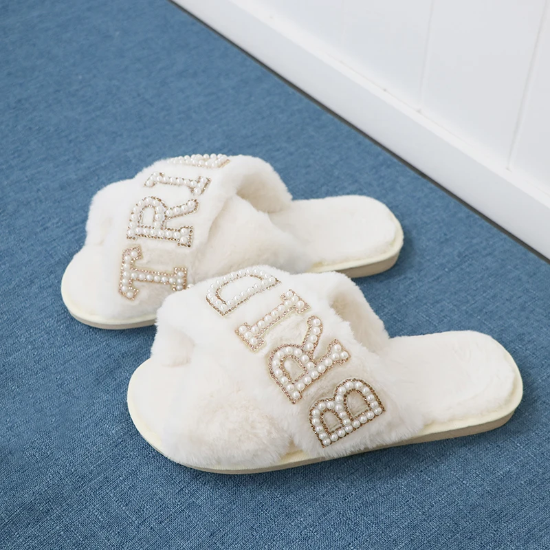 Wholesale OEM Pearl Patch Warm Plush Wedding Slides Rhinestone Bride Cross Band Handmade Slippers For Bride Bridesmaid
