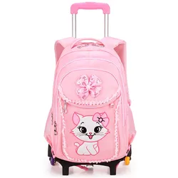 Large Capacity School Bag Trolley Children Girl Pink Fashion Kids School Bag and Lunch Bag Set with Wheels
