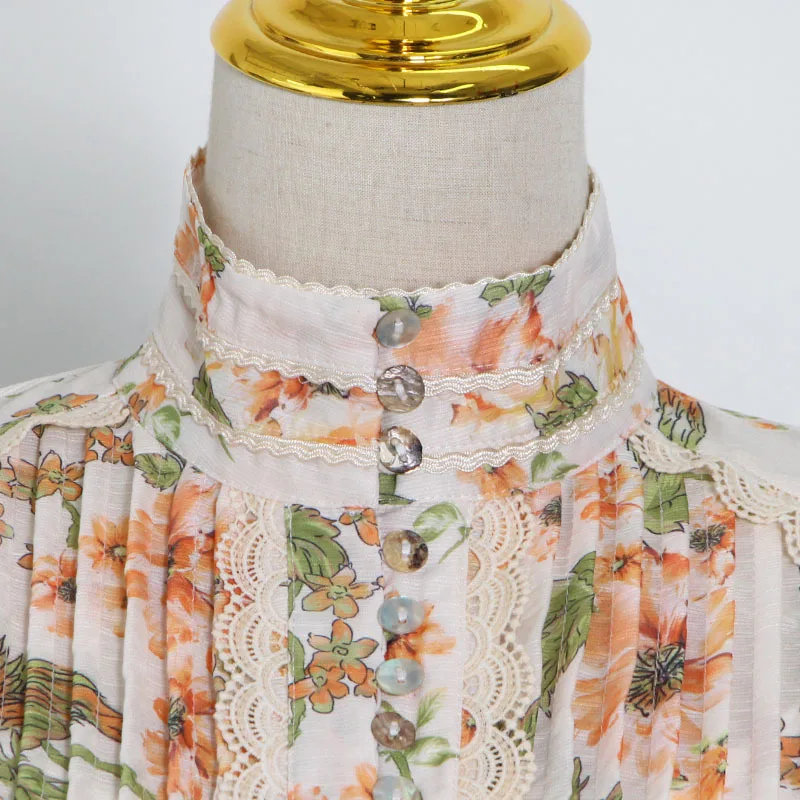 New Arrival Womens Long Sleeve Floral Print Belted Female Floral One Piece Dress Tulle Stand Collar Shirt Mini Dress