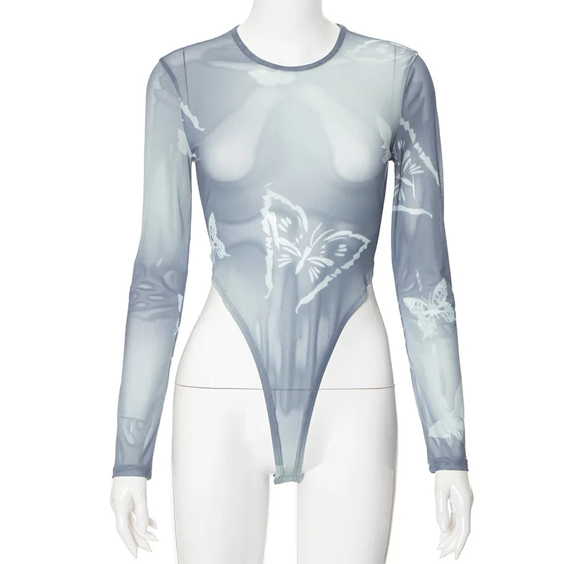 Sexy Y2K Goth Graphic Printed Bodycon Tops Custom Summer 360 Printed Mesh Transparent Women Bodysuit