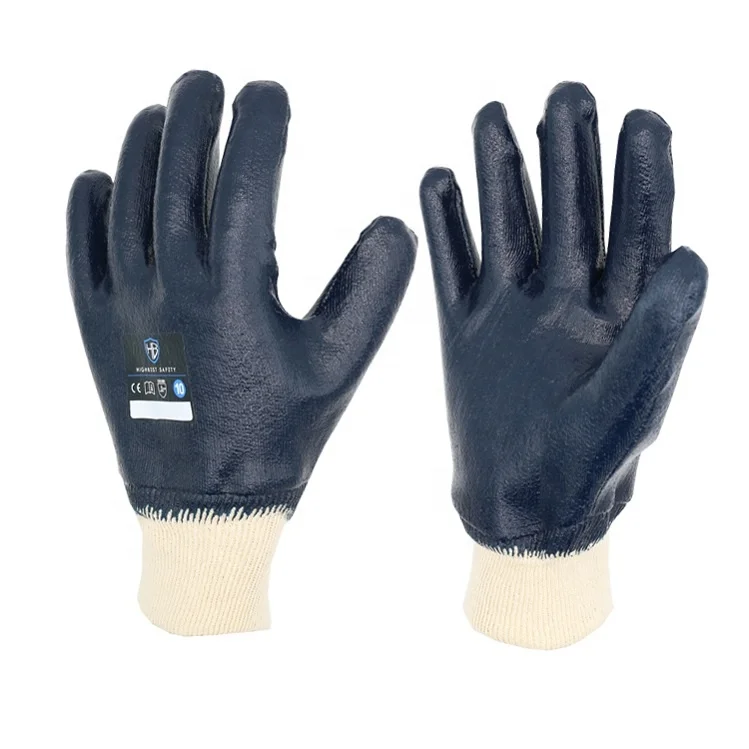 NS N722 Jersey liner with knit wrist cotton glove blue nitrile coating for construction safety gloves heavy work
