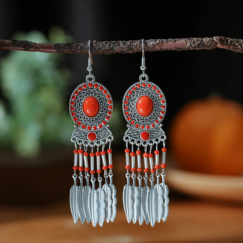 Bohemian Ethnic Purple Water Drop Feather Earrings For Women Elegant Drop Oil Rice Bead Earring Party Wedding Jewelry