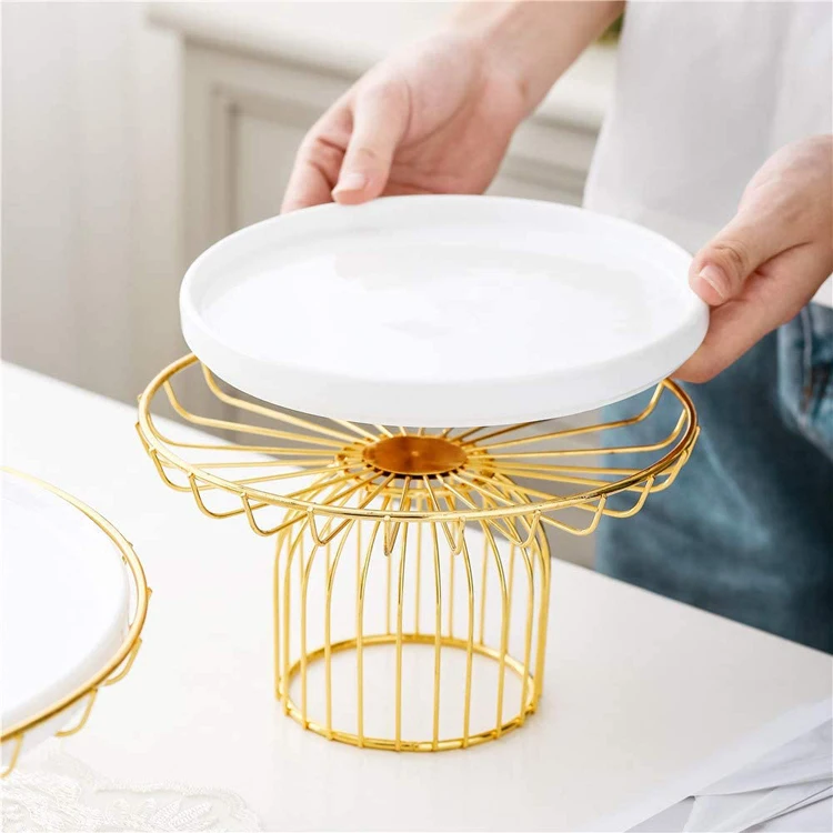 Luxury Gold Iron Frame Cake Stand Round Large Floating Metal Textured Display  Dessert Tray for Wedding Party Decor