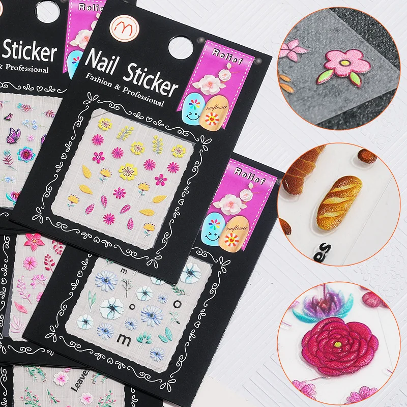 wholesale 6psc/set nail water stickers 5d three-dimensional embossed Chocolate Food Gummy Bear Smiley Flower Leaves mix stickers