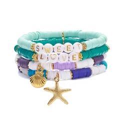 PandaHall 4 Pcs 4 Style Alloy Shell Starfish Charm Word Sweet Love Preppy Bracelet