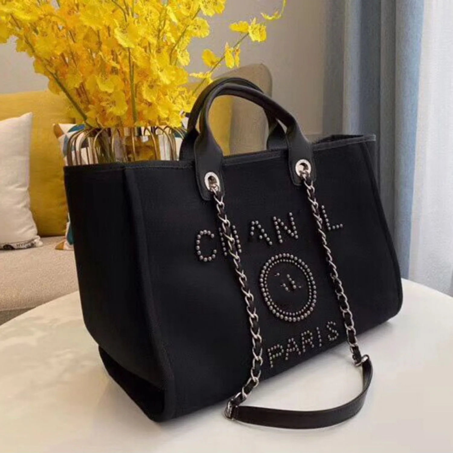 Luxury Designer Letter Embroidery Canvas Shoulder Bag Woman Ladies Jumbo Canvas Tote Bags Leather Handle with Chain