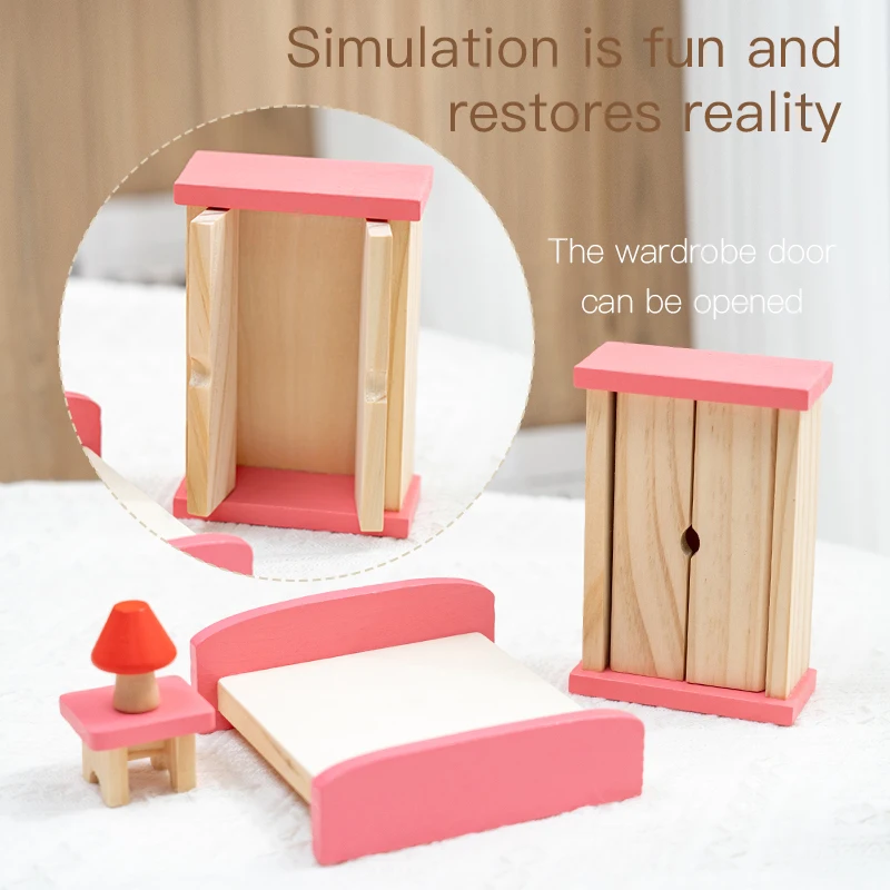 Children wooden mini simulation small furniture set toys girl role play toy small villa decoration accessories wooden diy toy