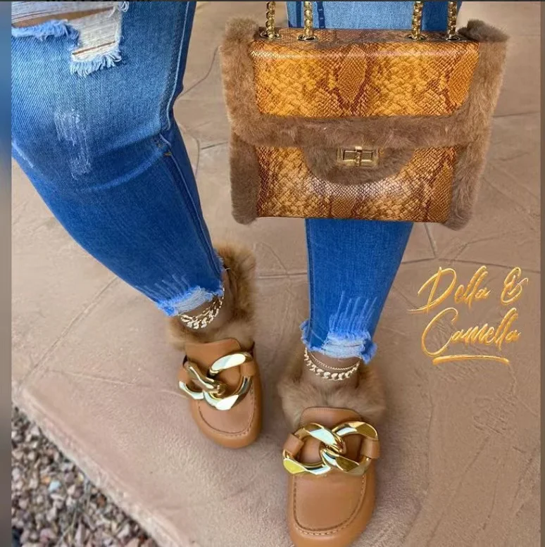 Woman shoes new arrivals Sandal Slide Home Casual Shoe ladies Fashion Sandals with chain Plush Winter Slippers For Women