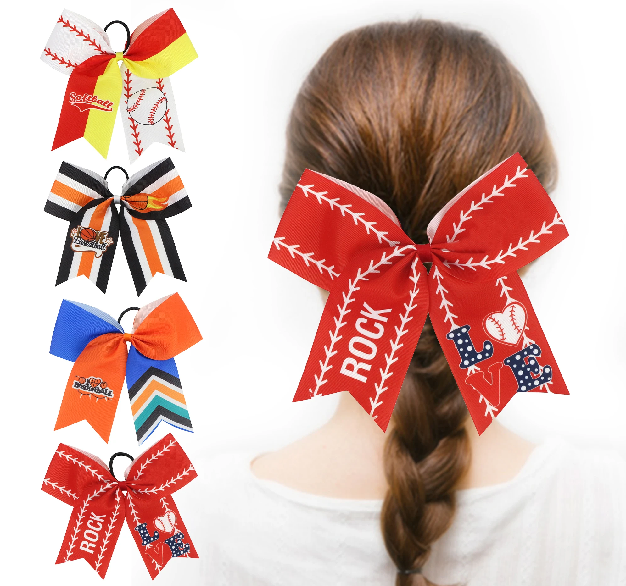 Huihuang Customize Grosgrain Ribbon Cheerleading Bows Elastic Hair Tie Bands for Teen Girl Softball Baseball Competition