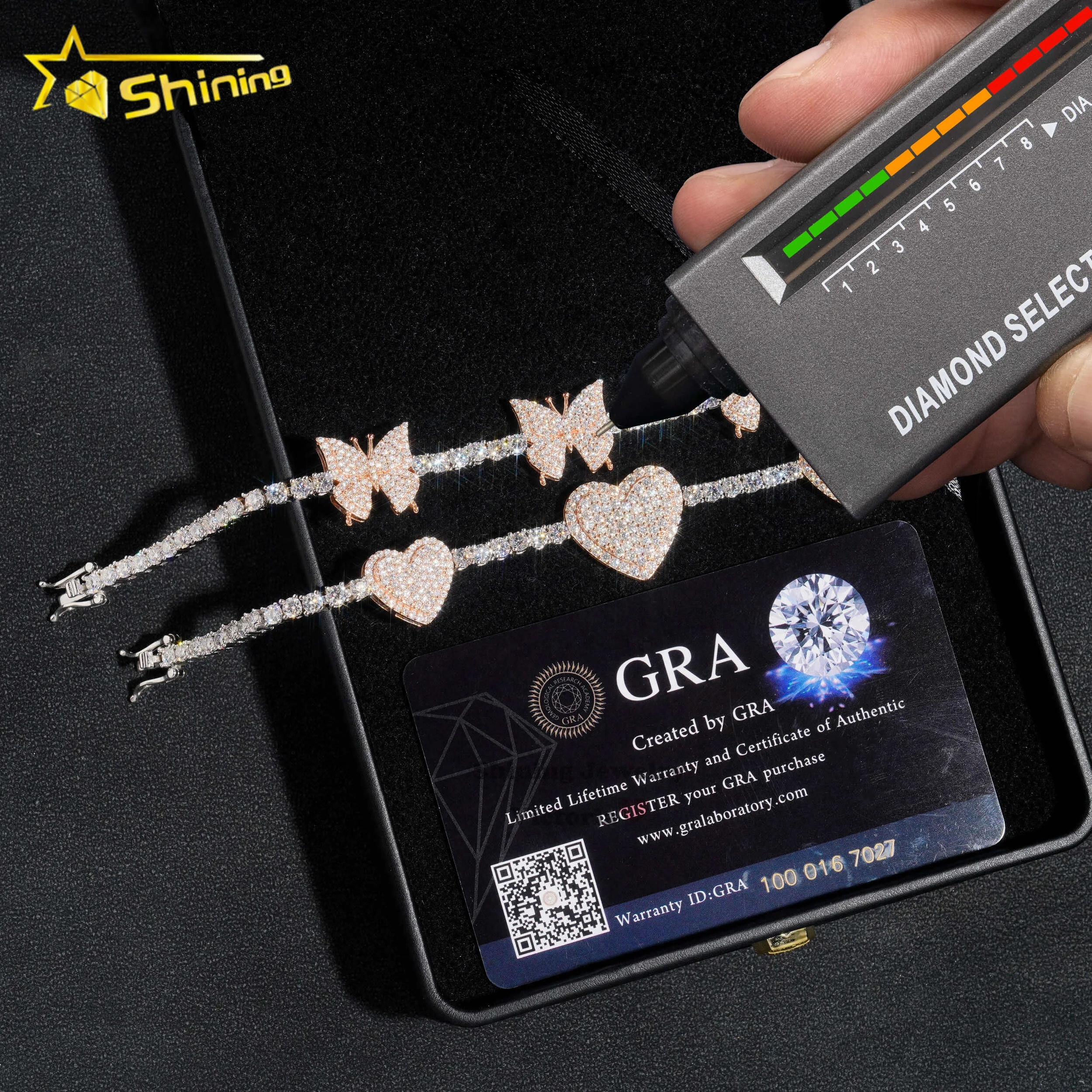 New arrival 3mm charm bracelet 925 silvert 14k gold vvs moissanite diamond butterfly and heart tennis bracelet for women men