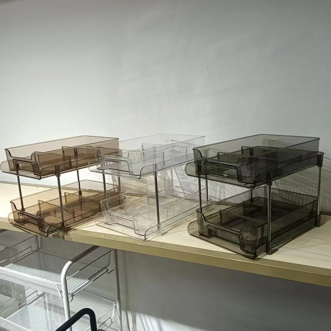 2 Tier Clear Slide Storage Box Transparent Drawer Organizer Cosmetic Rack Units 2 Pack Under Sink Organizer For Bathroom