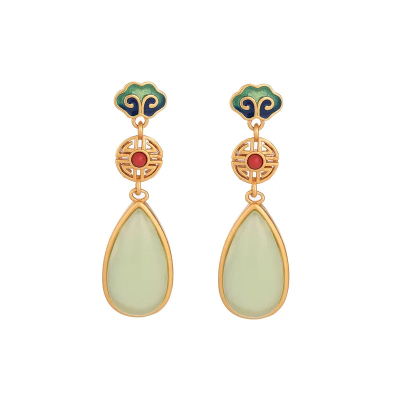 New Chinese Brass Earring Green Emeraled Silver Post Stud Copper Coin Shape Water Drop Trendy Hetian Jade Drop Natural Stone