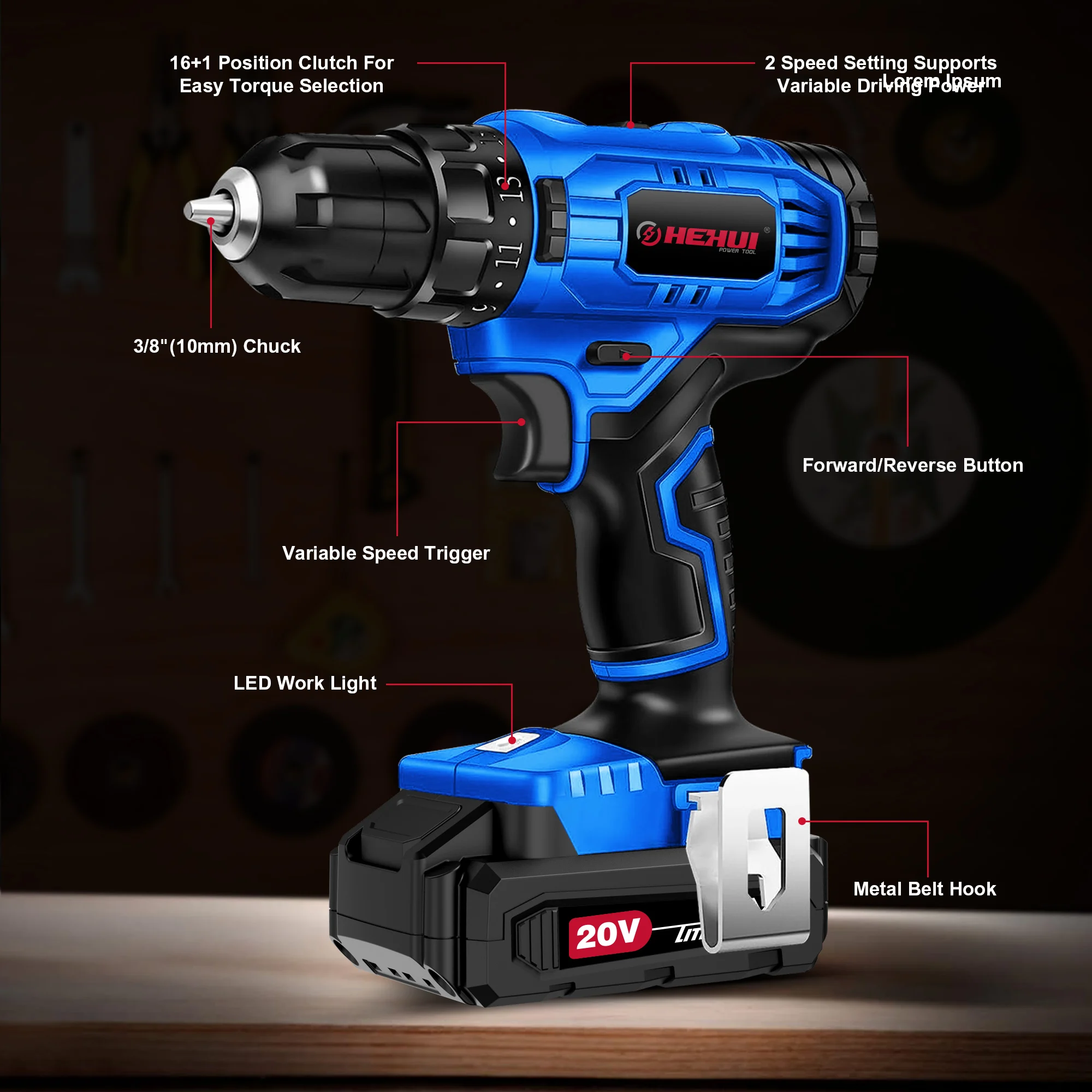 Hehui Portable Electrical 20V Charger Drill Set Original Li-Ion Battery Drilling Machine Wireless Drill
