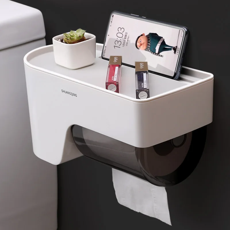 
Hot sale Bathroom wall mounted plastic toilet paper holder with mobile phone napkin sundries tissue paper roll storage holder 