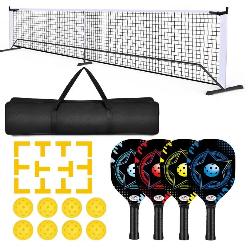 Factory Direct Portable 22FT Pickleball Net Set with 4 Paddles And Net Wood Pickleball Rackets 40 holes Injection Pickleballs