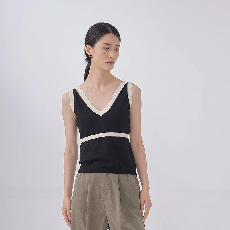 Кашемировый свитер для женщин спереди и сзади с v-образным вырезом майка на бретелях без рукавов; Цвет черный и белый; Вязаный джемпер для девочек