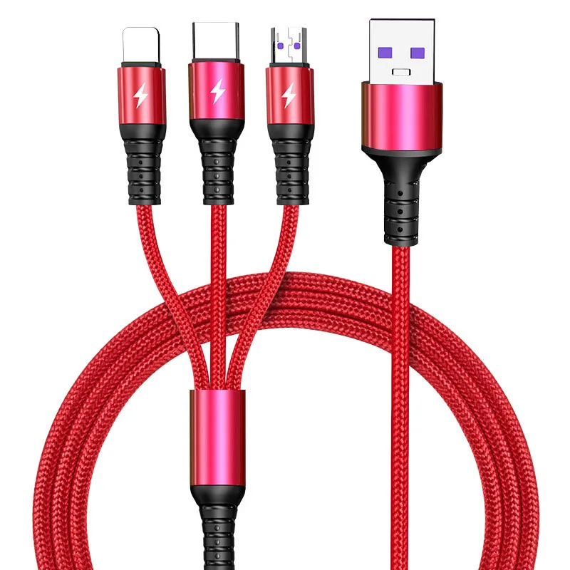 Нейлоновый тканевый Плетеный цветной 5А Мути 3 в 1 быстрый зарядный usb-кабель