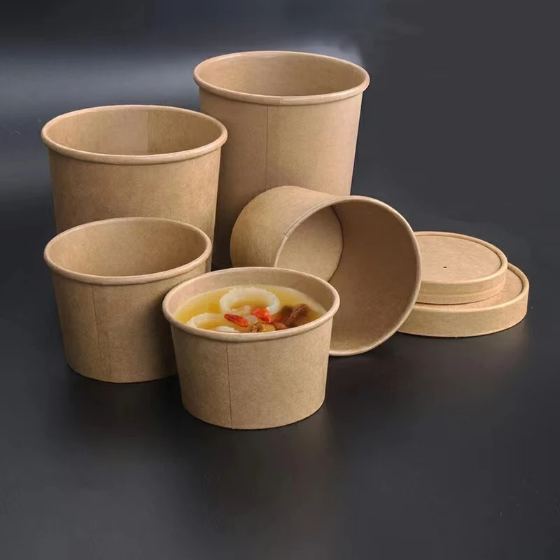 100% Food Grade Eco Disposable Kraft Paper Soup Bowl Cup 6oz Hot Soup Bowls Custom