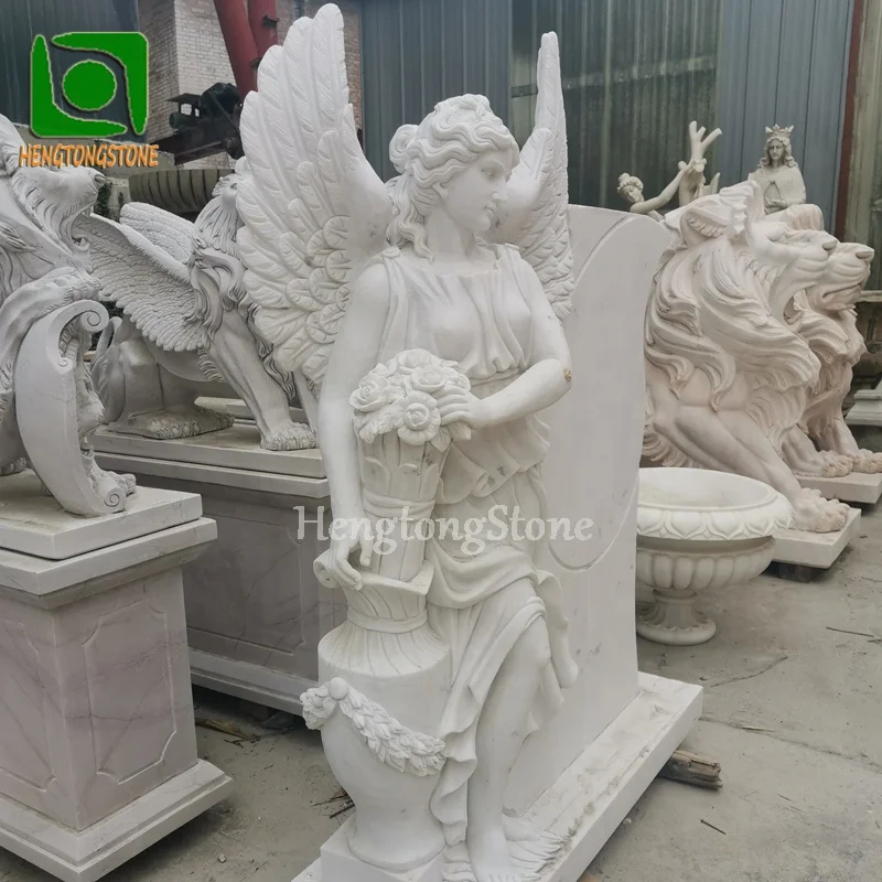 Cemetery White Marble Opening Wings Angel Tombstone Headstone