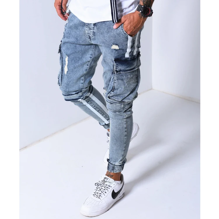 
Custom Striped Men Jeans Vintage Blue Denim joggers Men Cargo Pockets Tape Jeans for Men 