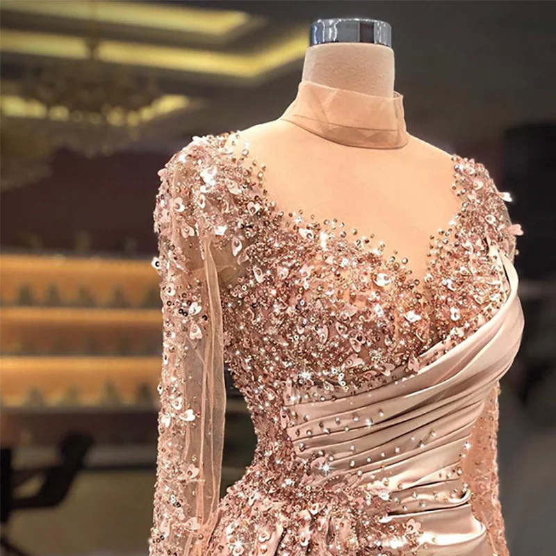 Lscz189-2 Розовое Золото Русалка арабское вечернее платье с длинным рукавом роскошное мусульманское официальное для женщин на свадьбу
