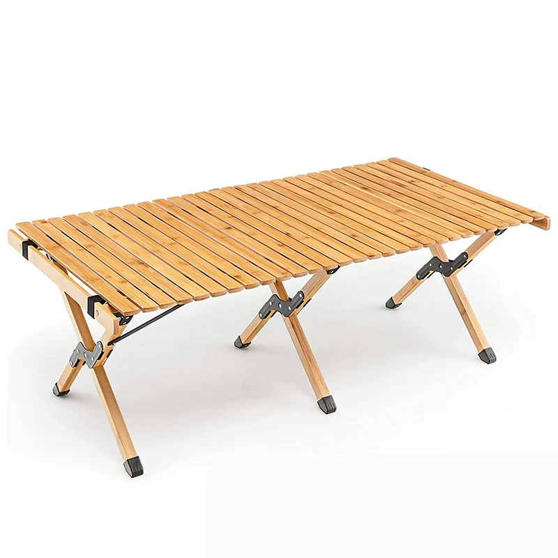 Bamboo Folding Picnic Table,  Wooden Roll-up Portable Camping Table for Patio Garden Beach Yard