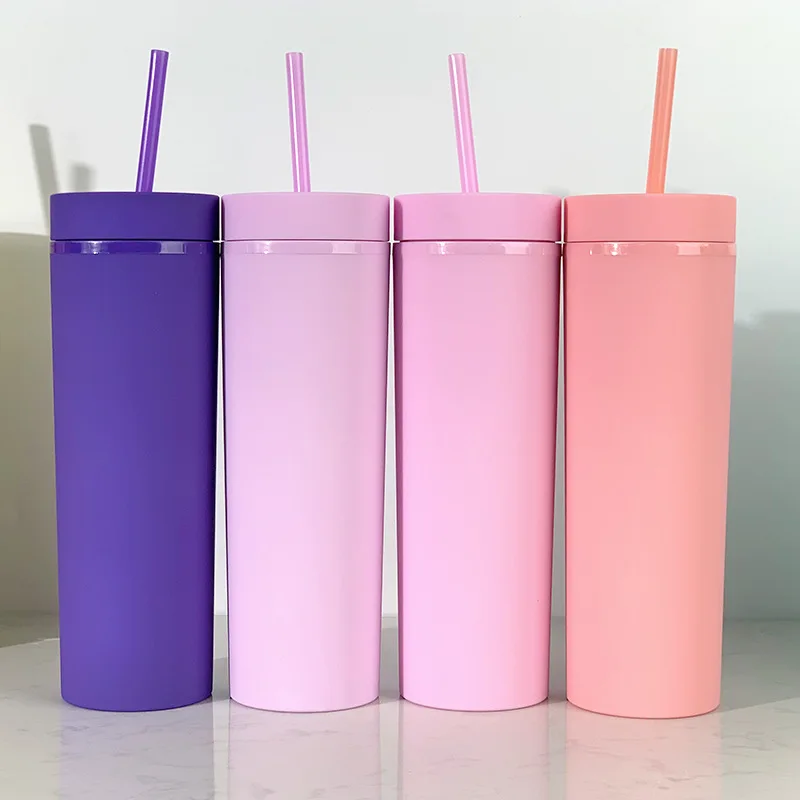16oz 500ml Water  Coffee Drinking Double Wall Acrylic Plastic Cups Matte Printing Plastic SlimTumbler with Lid and Straw
