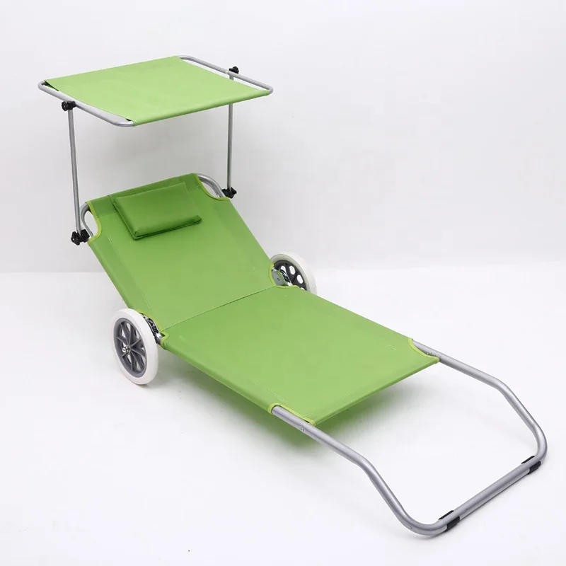 Outdoor camping aluminum lounge summer vacation Folding convenient Beach Chair with wheel canopy 600D oxford bed