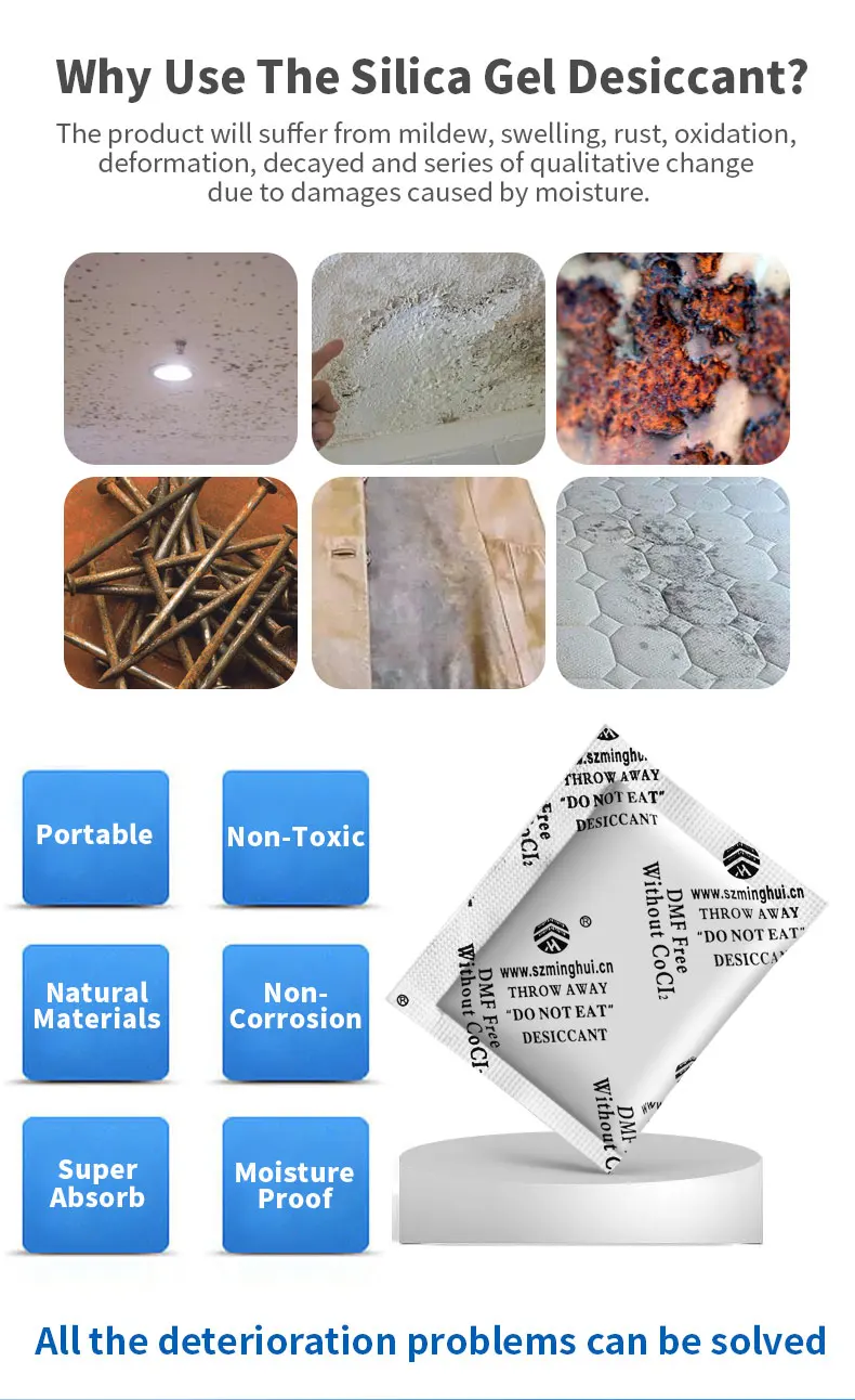 MINGHUI 5g Static Drying RoHS Reach DMF Standard Desiccant Silica Gel Desiccant Silica Gel Bag