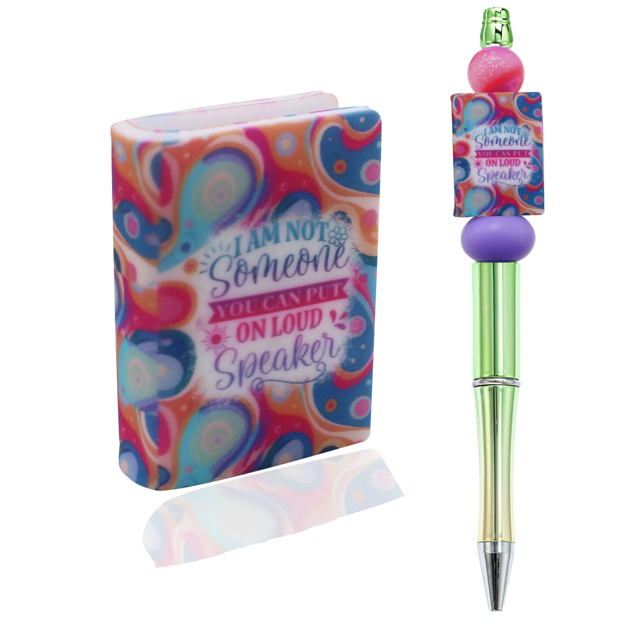 New Free Customized Notebook Book Shape Colorful Pattern Silicone Beads For Pens Keychain Printed Custom Silicone Focal Beads