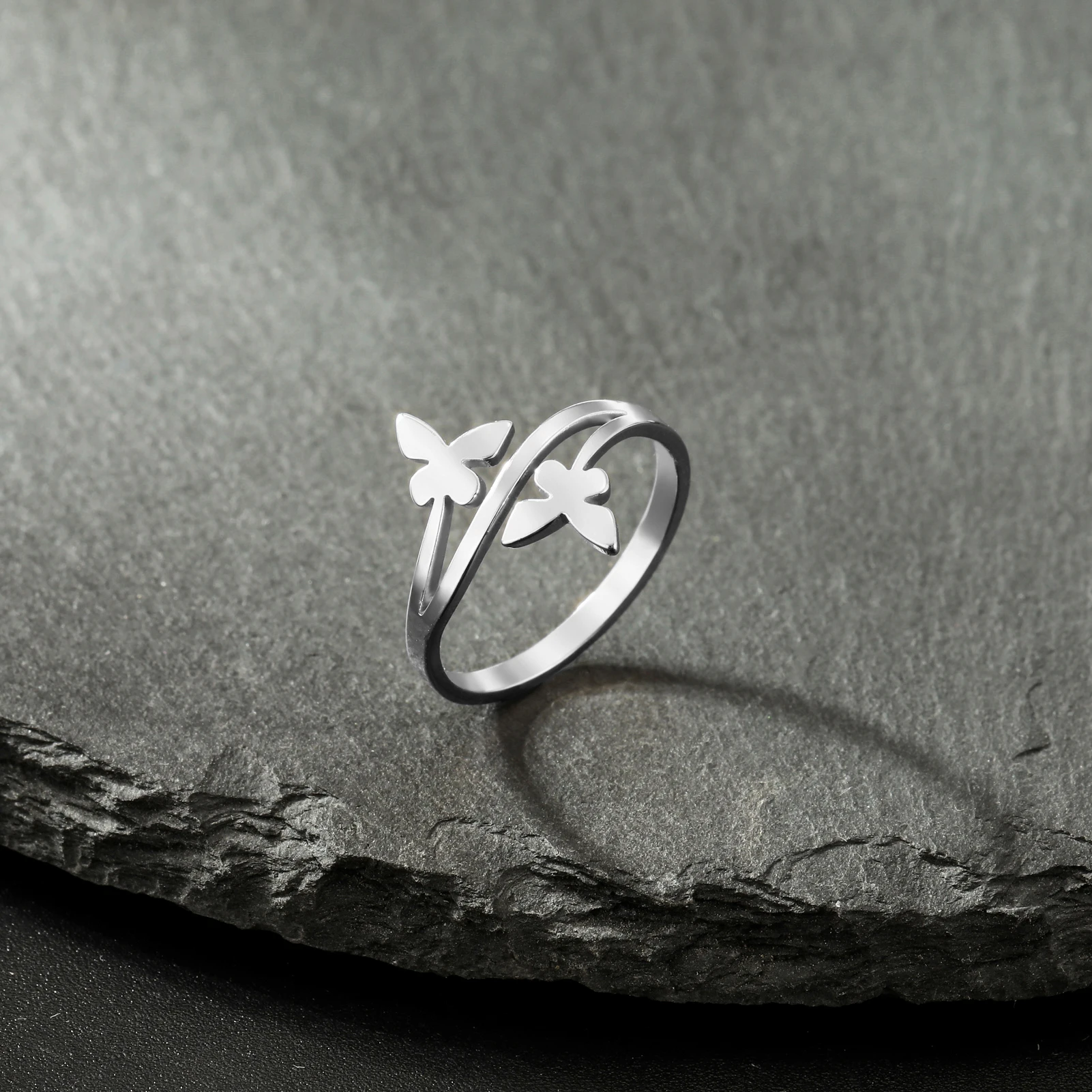 Fashion Stainless Steel Butterfly Women Ring  Real Gold Plated Butterfly Finger Ring Jewelry Gifts Custom Animal Ring Jewelry