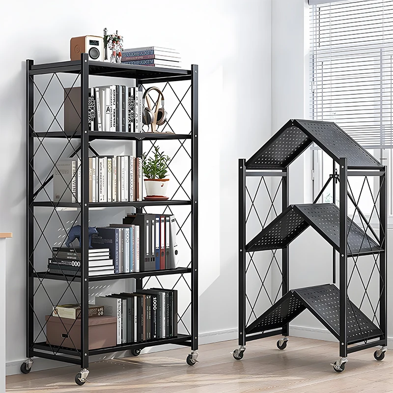Heavy Duty 5 Tiers Metal Storage Rack Foldable Shelf Display Organizer Rack With Wheels Shelving Units