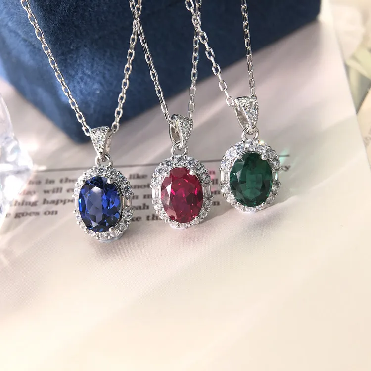 Roomy Lab Grown Gemstone Fashion Jewelry 925 Silver Necklace Ruby Blue Sapphire Zambian Emerald Necklace