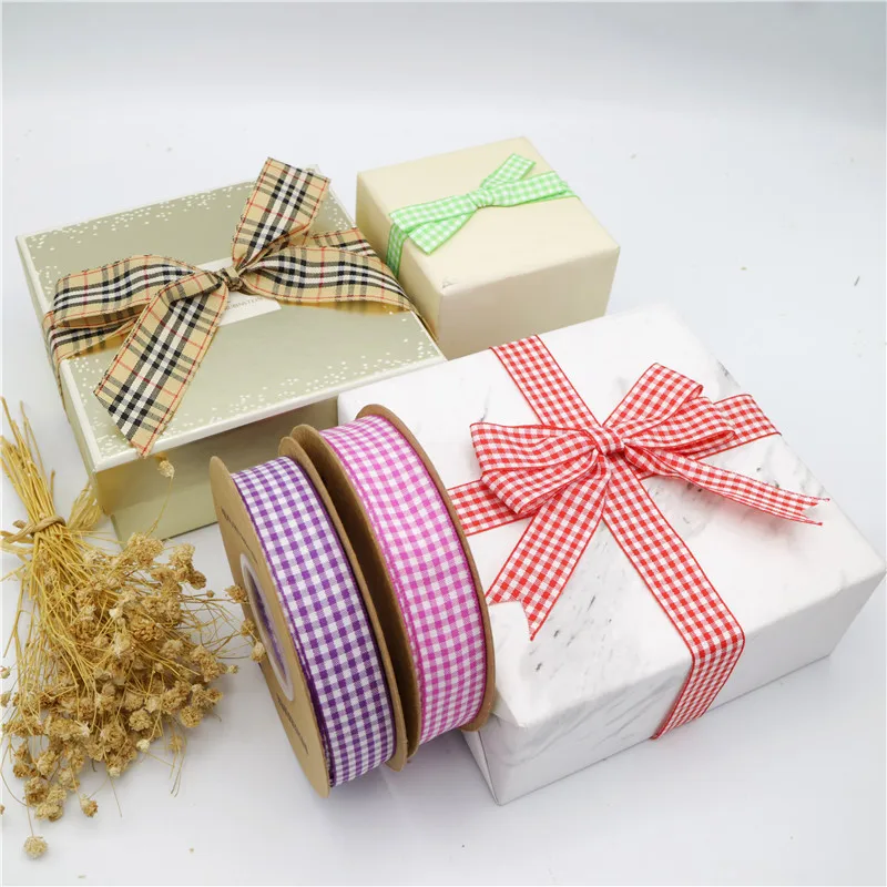 Factory directly sale gingham check plaid  ribbon gift Ribbon for Wedding Decoration Gift Greeting Card cake candle hair bow