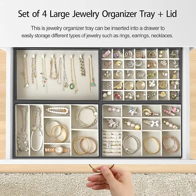 Jewelry Organizer Tray with Lid PU Leather Jewellery Storage Display case Extra Large Set of 4 Stackable Jewelry Organizer