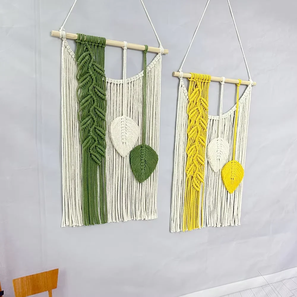 Macrame Leaf Wall Hanging Tapestry With Tassels Hand-Woven Nordic Style Nursery Aesthetic Home Decor Boho Art for Bedroom Decor