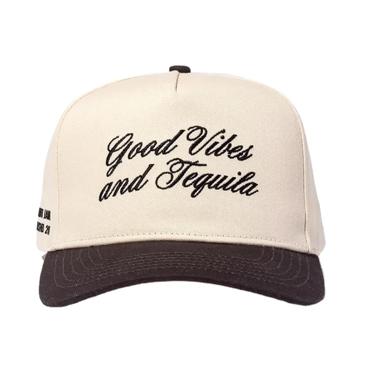 Popular Embroidery Logo 2 Tone Color 5 Panel Baseball Cap Cream Off White  Golf Hat Unisex Cap