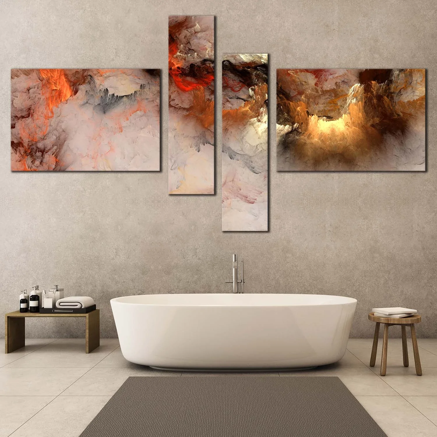 Modern Abstract Canvas Wall Art, Orange White Smoke Texture Abstract 4 Piece Canvas Print, Embossed Fractal on Canvas Set