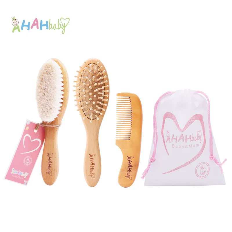 wholesale wooden goat hair brush and comb set for newborns grooming children brush eco-friendly massage brush custom logo