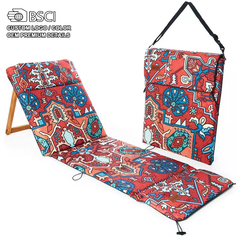 Custom Adjustable Wooden Backrest Beach Lawn Outdoor Recliner Chairs, Portable Folding Picnic Park Travel Beach Mat Seat Lounger