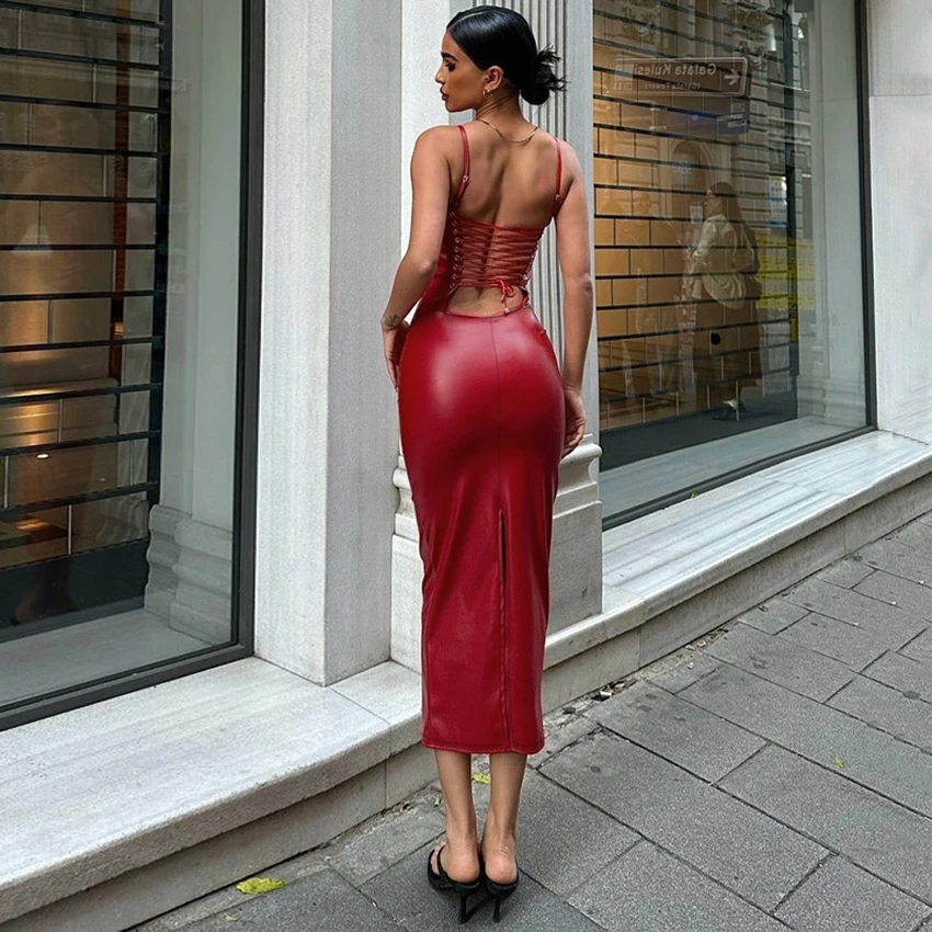 OOTN 2024 Summer Fashion PU Sexy Backless Dress Streetwear With Waist Tie Bodycon Slit Dress Elegant Black Leather Dresses
