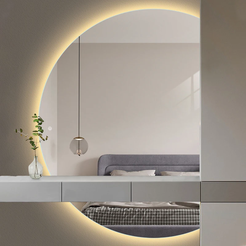 Hotel Touch Screen Wall Decorative Mirror Bathroom Vanity Half Moon Led Lighted Smart Makeup Backlit Bath Mirror