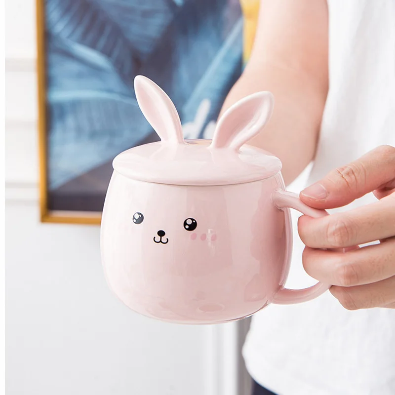 Creative Cute New Style Rabbit Ears Heating Water Color Changing Ceramic Cup With Spoon And Lid