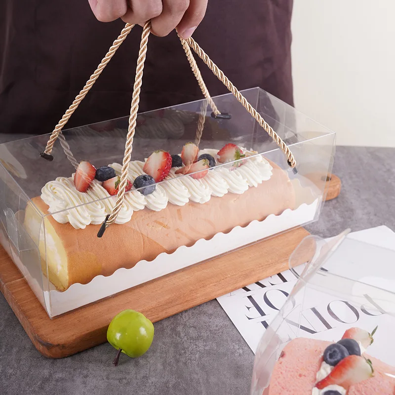 OEM 3in Height Elegant Long Full clear Lid Packaging Boxes Transparent Dessert swiss Roll Cake Pastry Box with Handle