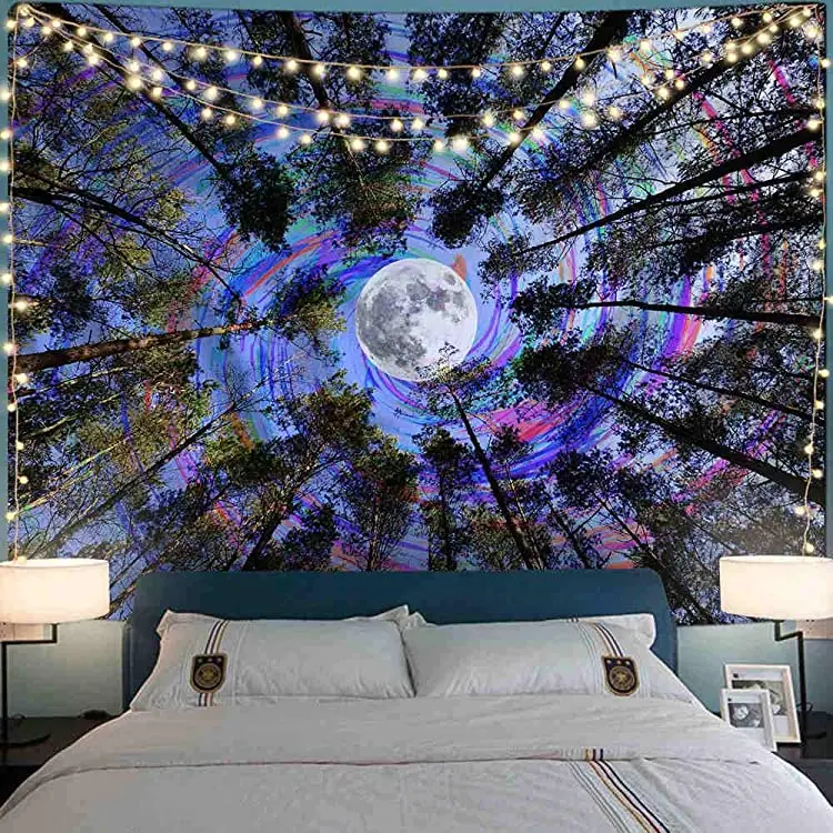 
Psychedelic Forest Tree Colorful Moon Purple Ceiling Tapestry Wall Hanging for Bedroom Living Room 