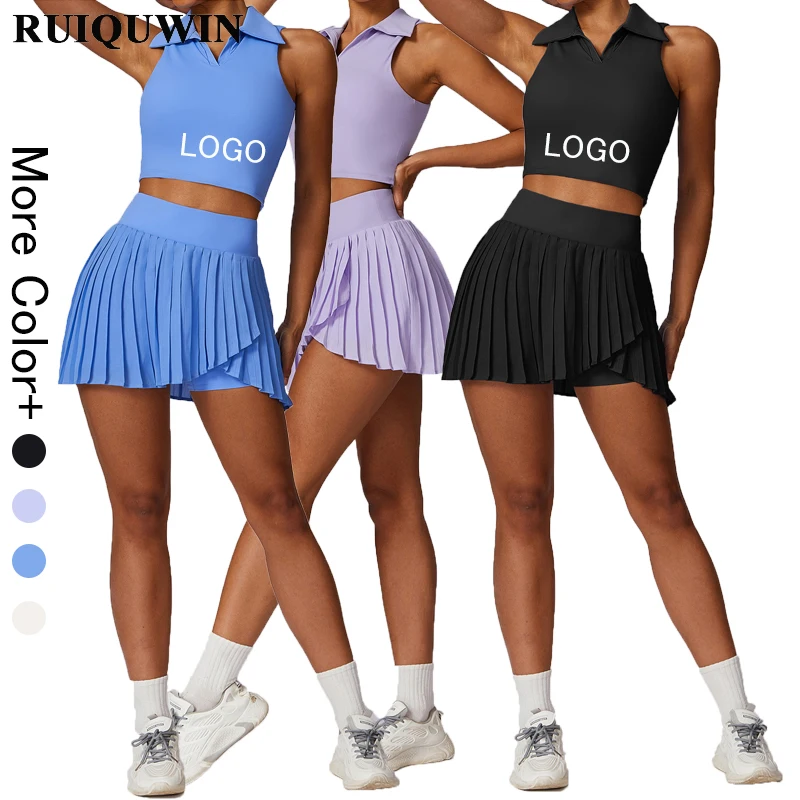 RUIQUWIN Wholesale High Quality Sleeveless Athletic Top Custom V Neck Sleeveless Golf Dress Sport Wear Pleated Tennis Skirts