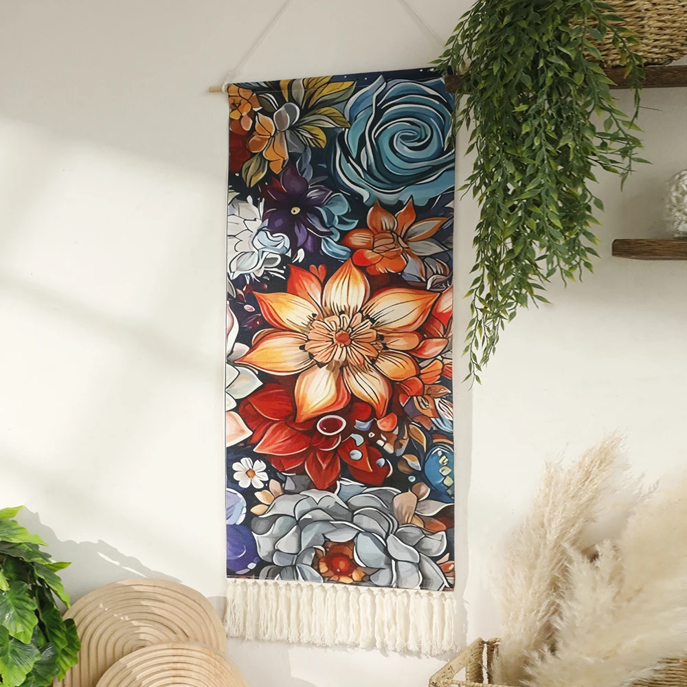 Boho Tapestry Wall Hanging Flower Tapestry With Fringe Narrow Vertical Hanging Wall Art Living Room Home Decor