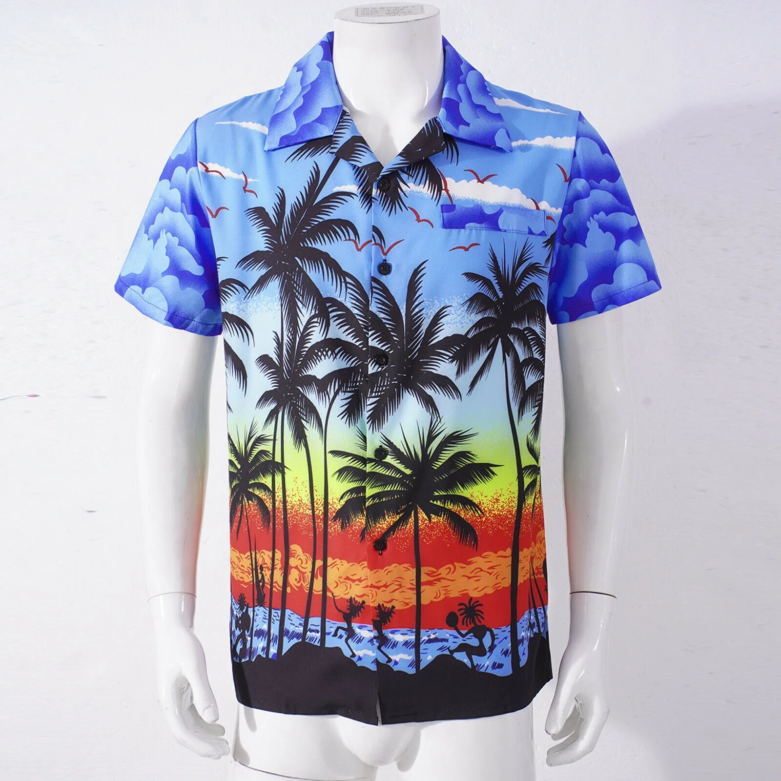 Men polyester printing button down polo collar shirts, custom sublimation short sleeve beach shirts